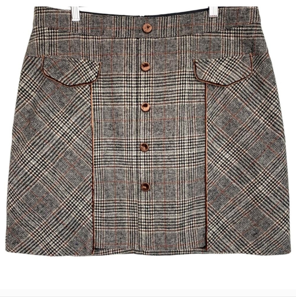 Plaid Button-Front Mini Skirt with Piping